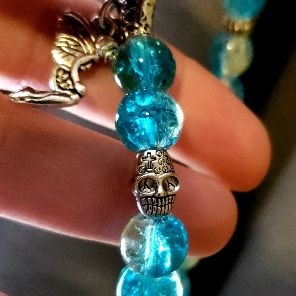 New Blue Crystal Rock Ball Silver Fairy Skull Bracelet.